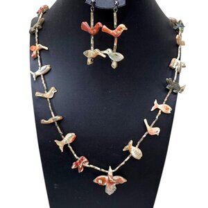 Vintage Zuni Bird Fish Fetish Necklace Matching Earrings Carved Native American